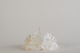 	Peony Candle, candela a forma di peonia in fiore, color avorio, vista frontale su fondo grigio chiaro