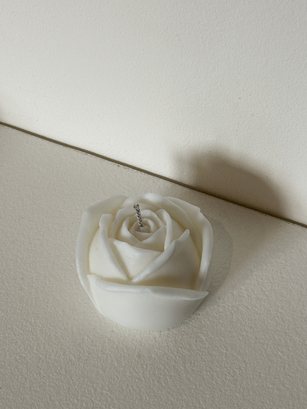 Candela color avorio a forma di rosa davanti a una parete chiara.