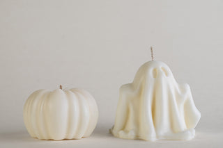 Ghost & Mini Pumpkin Candle Set, candele a forma di fantasma e zucca color Cream, vista frontale