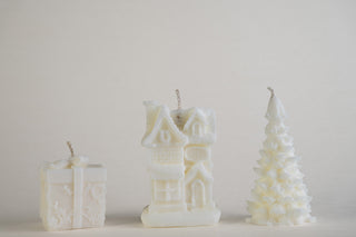 Christmas Mini Candles, set regalo di 3: pacchetto regalo, casetta e alberello di Natale color avorio